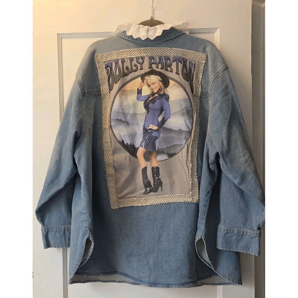 Upcycled Dolly Parton Jean Jacket. Universal Threads. White Lace. Sparkly. 3X